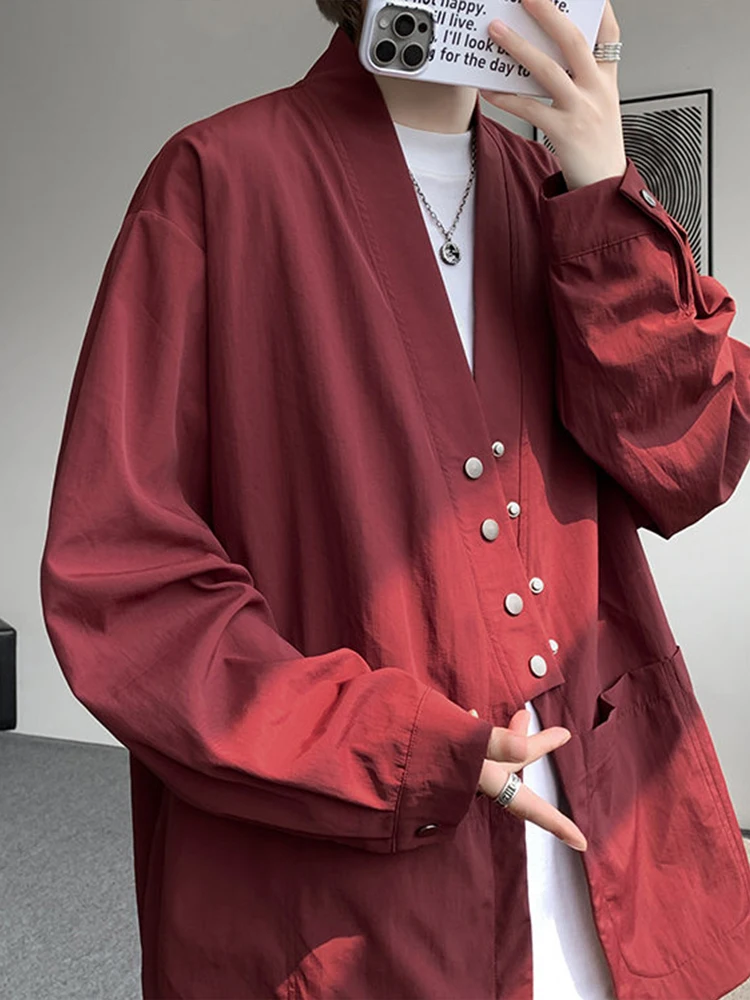 

Red Chinese Sle Open Cardigan Dao Pao irt Jaet Men's Autumn Metal Design Nel Casual Sle Long Sve V-Ne Buttoned