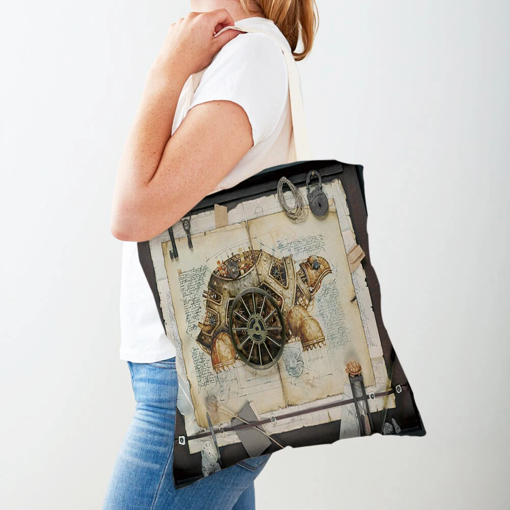 Bolso de compras de lona para mujer, bolsa de compras plegable reutilizable con estampado doble de Animal mecánico Steampunk