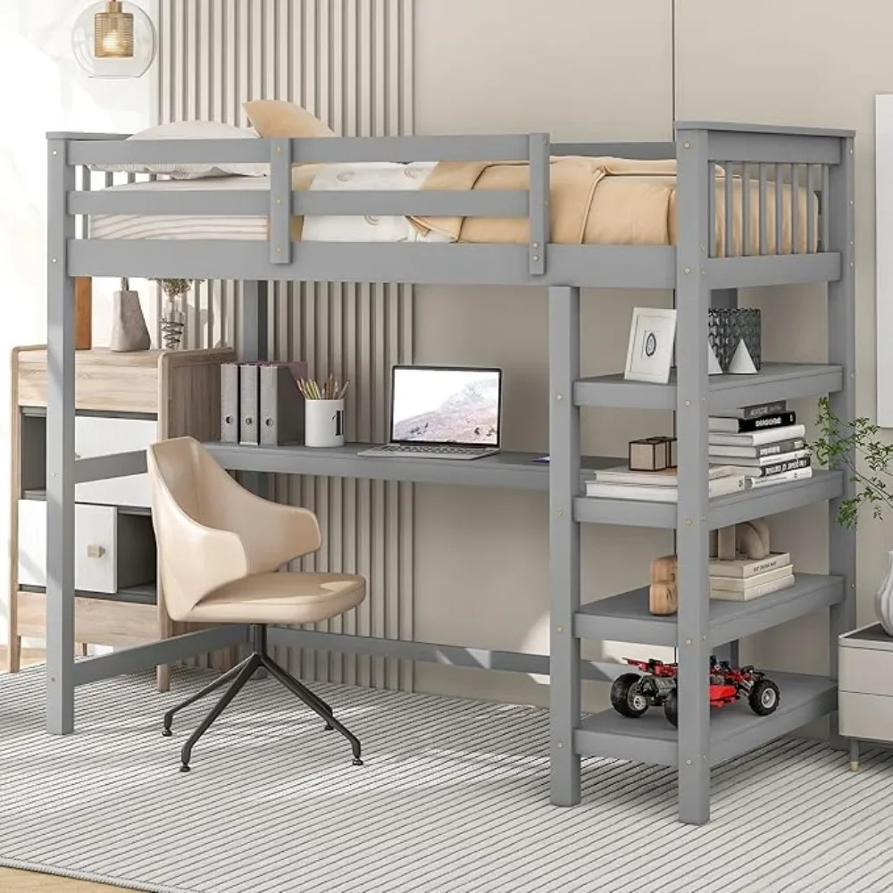 

Wood Loft Bed with Desk : Full Size Loft Bed with 4-Storage Shelves and Under Bed Desk Solid Wood Bed