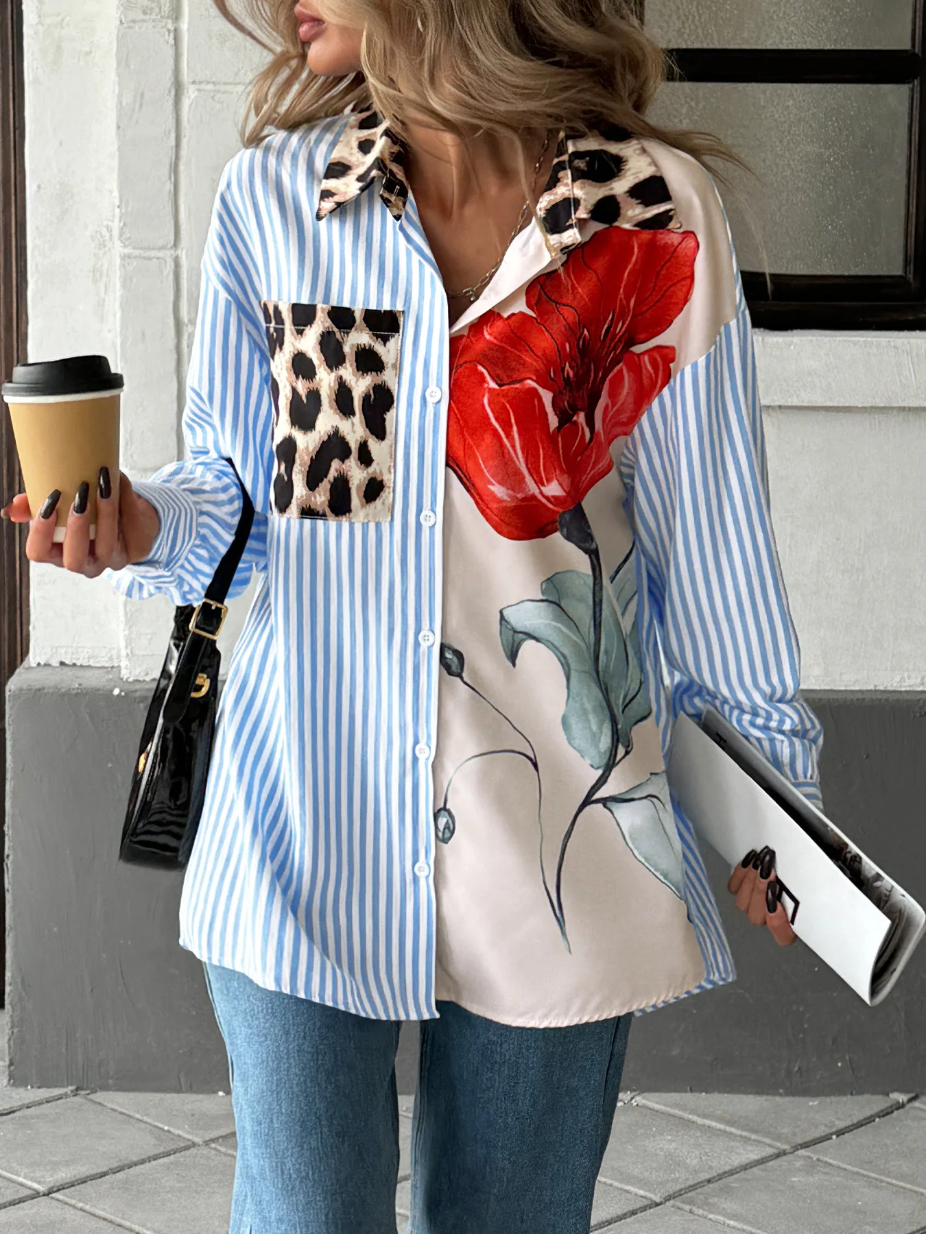 Casual Women's Shirts Spring Autumn Printed Splicing Fashion Loose Holiday Style Clothing Long Sleeves Single Breasted Tops