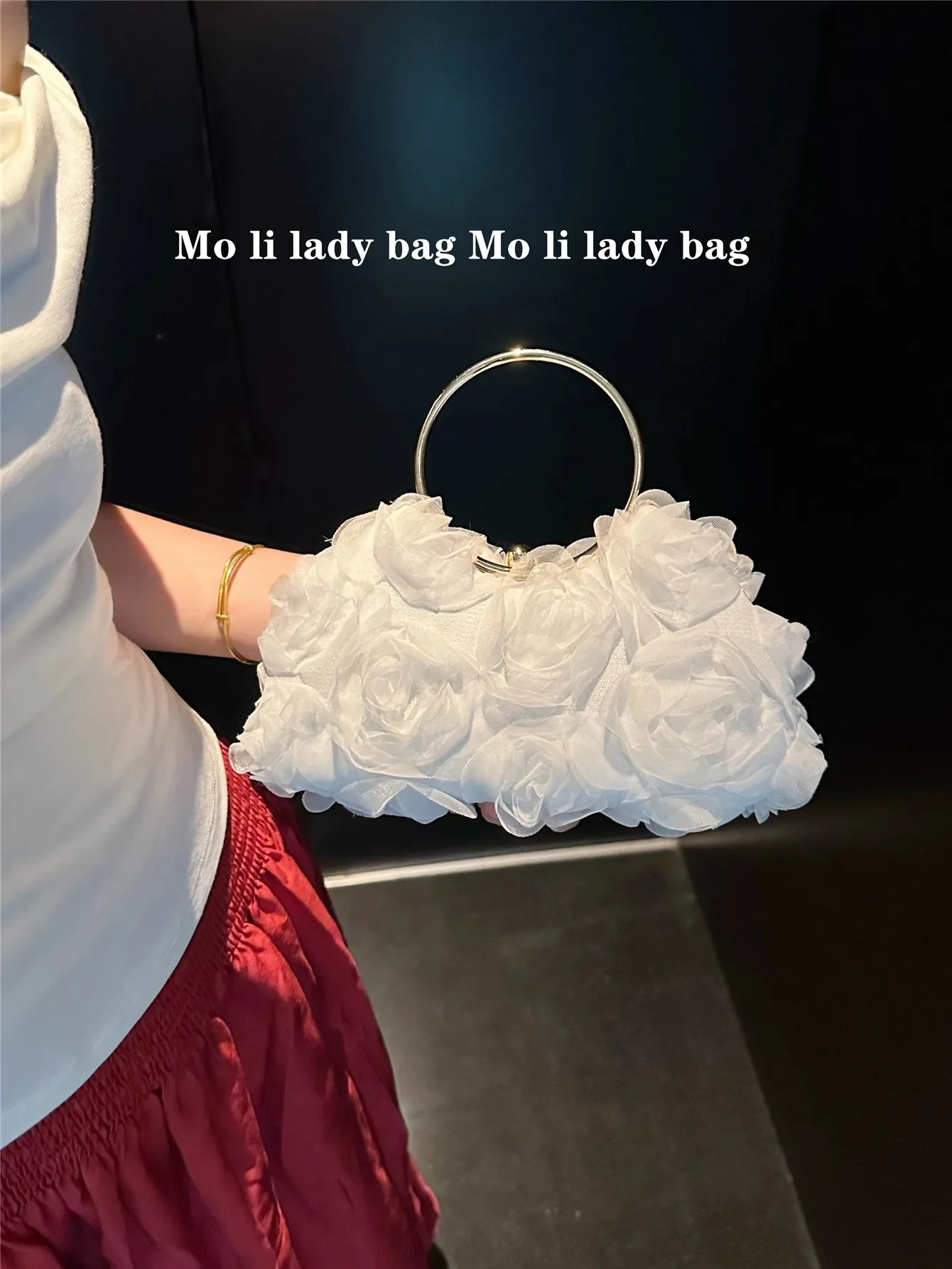 

Metal Ring Handheld Women Handbag Luxury Solid Rose Floral Evening Bag Fashion Satin Banquet Bag Wedding party Clutch Purse