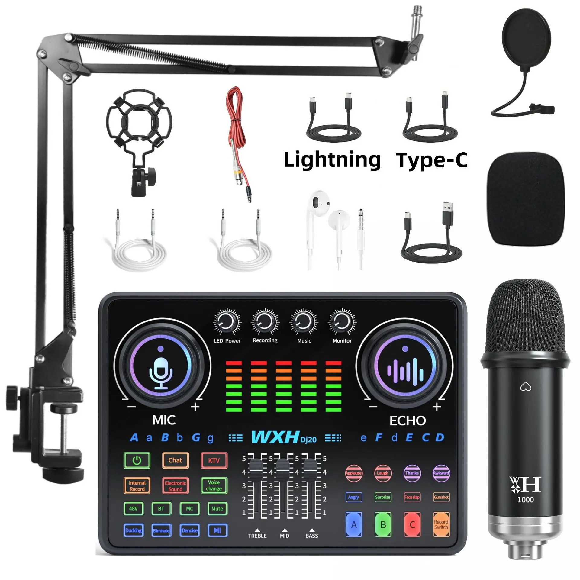 

WXH100 Microphone DJ20 Sound Card Podcast Equipment Live Broadcasting Music Recording Mixer Mic Kit Condenser Soundcard Set