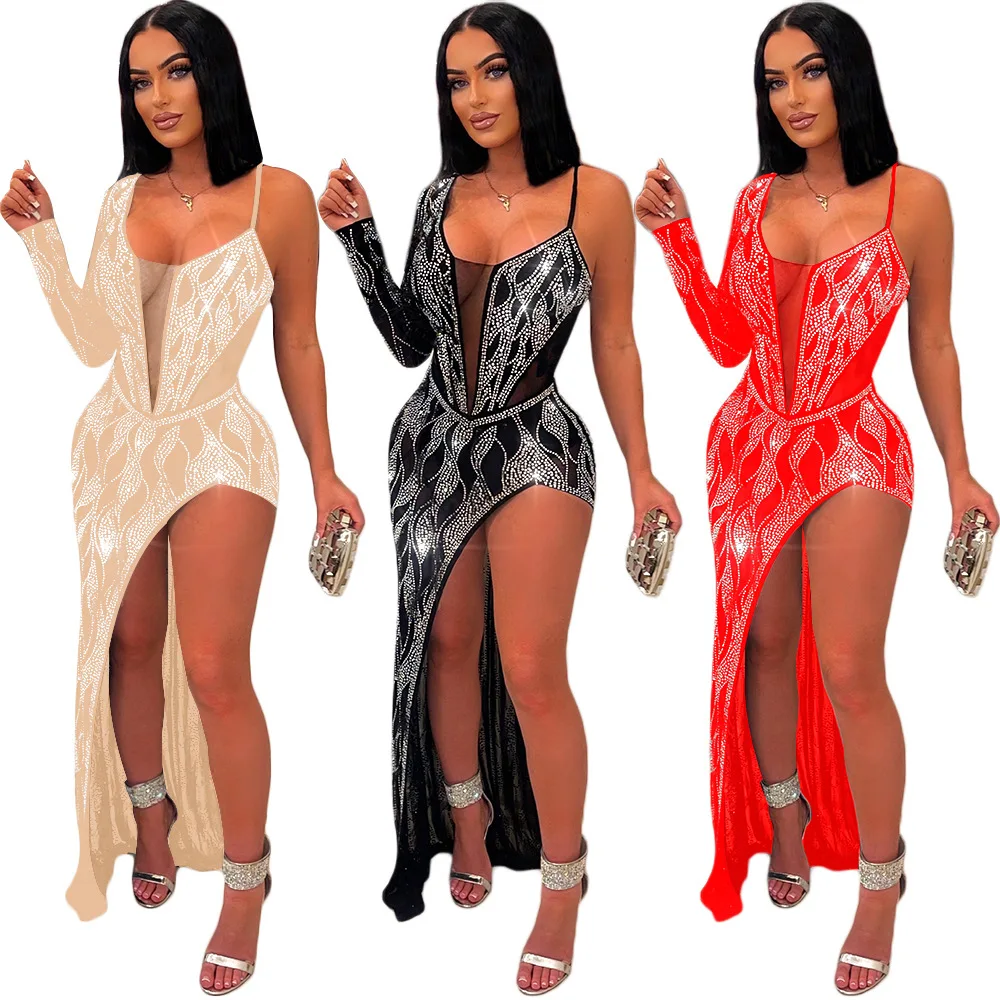 

Sexy Party Nightclub Club Sexy See Through Hot Rhinestone Long Sleeve Dresses Evening Gowns