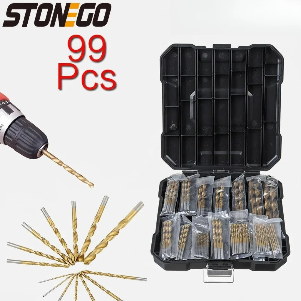 

STONEGO 99Pcs Titanium Coated Twist Drill Bits Set Straight Shank Woodworking Drilling Tools