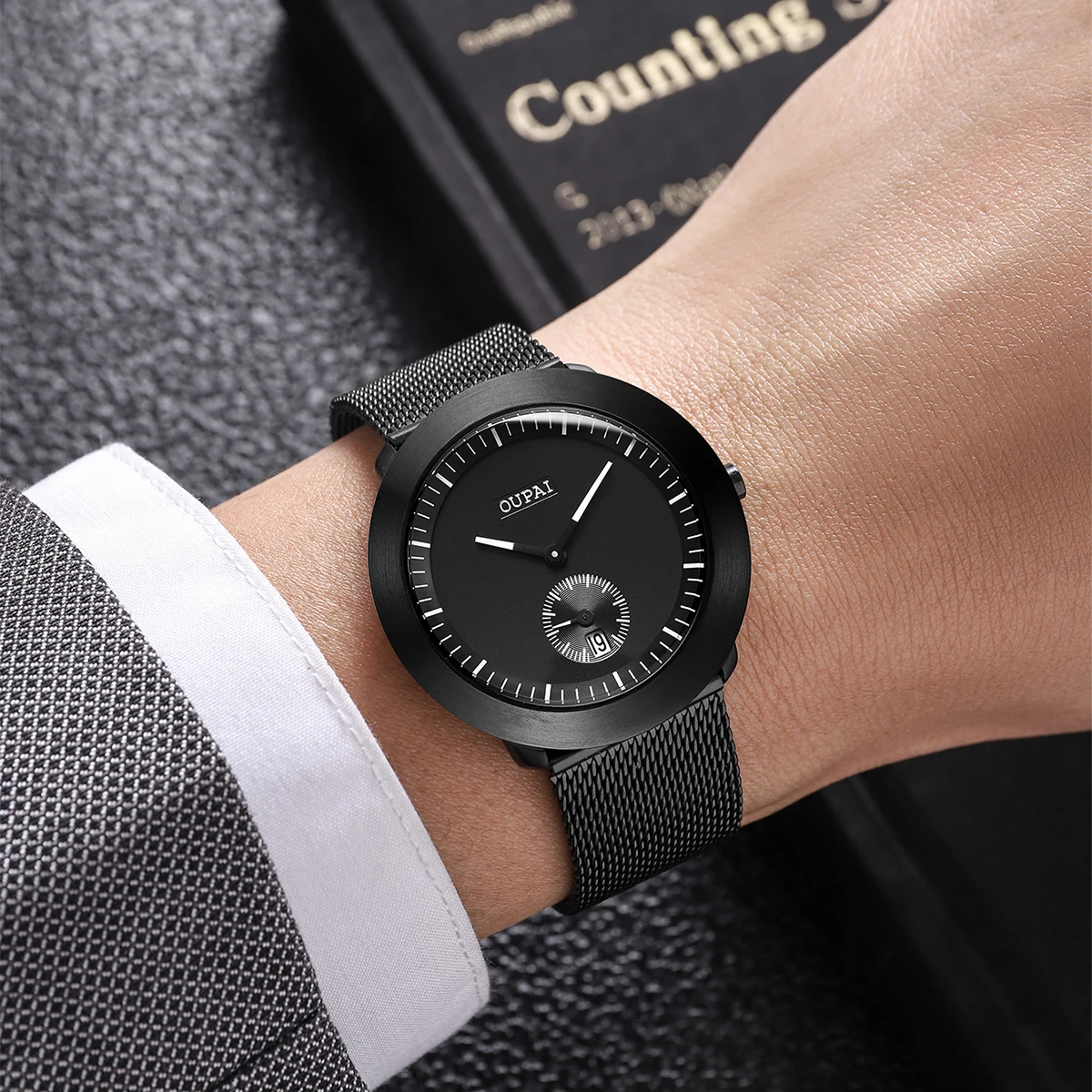 Oupai круглые черные кварцевые часы из нержавеющей стали, простые и спортивные часы, мужские наручные часы с календарем, водонепроницаемые