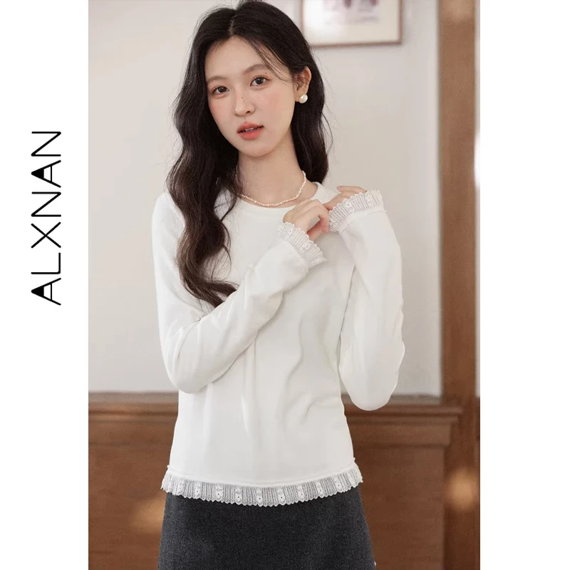 

ALXNAN женская футболка с длинным рукавом, повседневная облегающая хлопковая женская футболка с круглым вырезом и кружевной отделкой, осень 2024, базовые женские футболки L58811