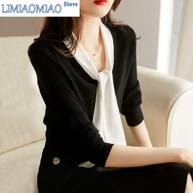 

Элегантная свободная блузка на шнуровке с v-образным вырезом, женская одежда, осенние повседневные пуловеры большого размера, универсальная офисная женская рубашка