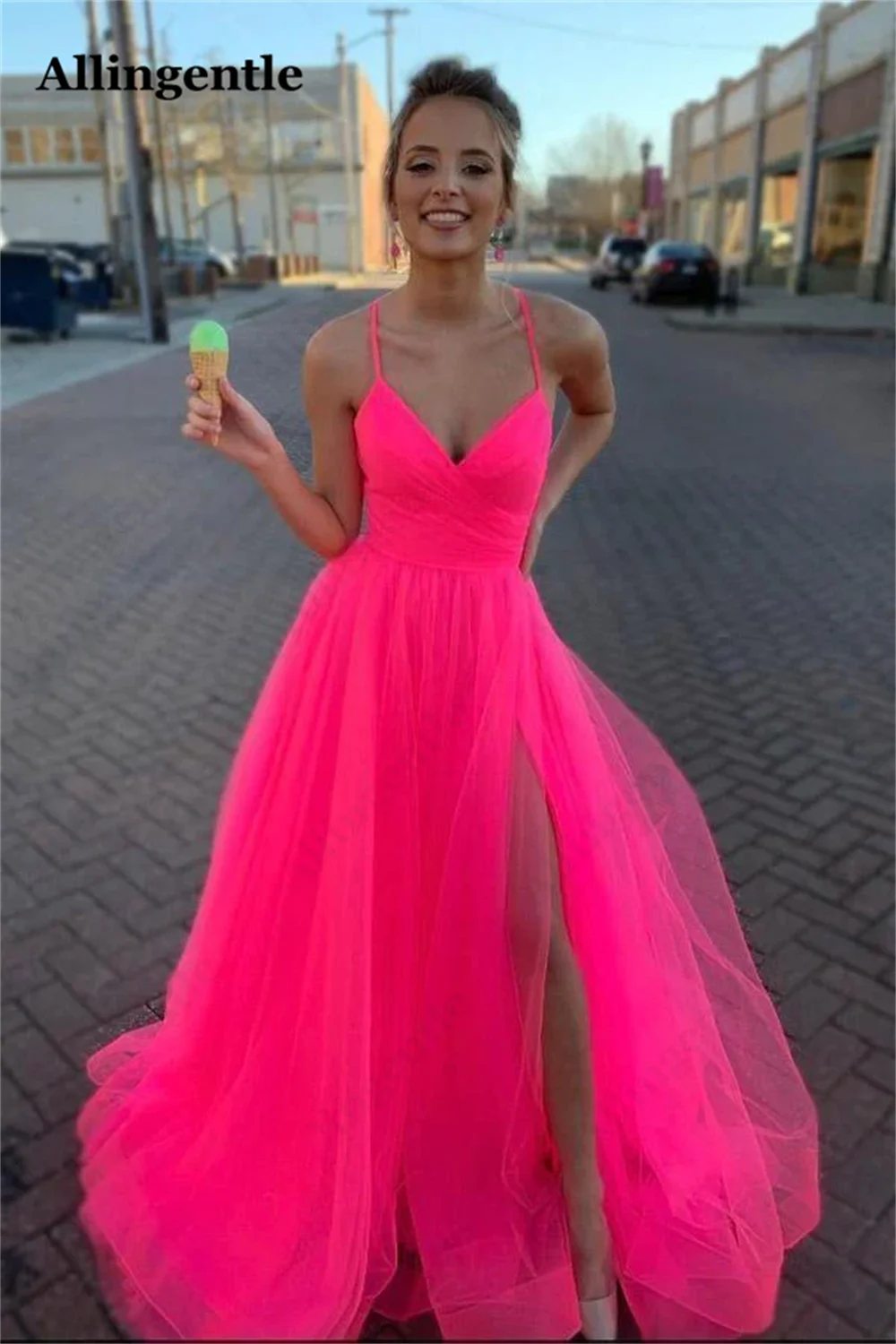 Allingentle Hot-Pink Tulle Evening Party Dresses Vestidos De Festa Sexy Spaghetti Straps Side Split Formal Prom Dresses Custom