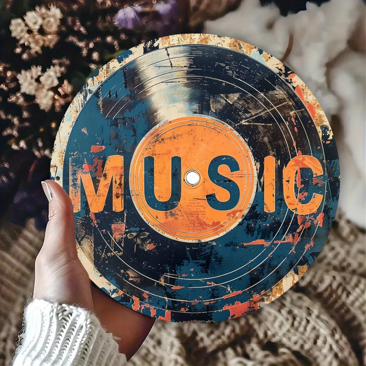 2D Distressed Vintage Vinyl Record Music Text Pattern Grunge Studio Decor 20x20cm Metal Tin Sign / Iron Plaque