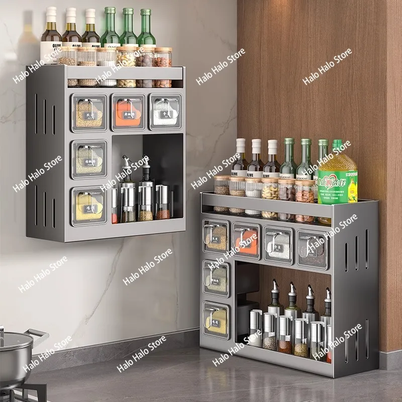 New kitchen seasoning box rack non-punching wall-mounted seasoning seasoning salt tank multi-functional countertop storage