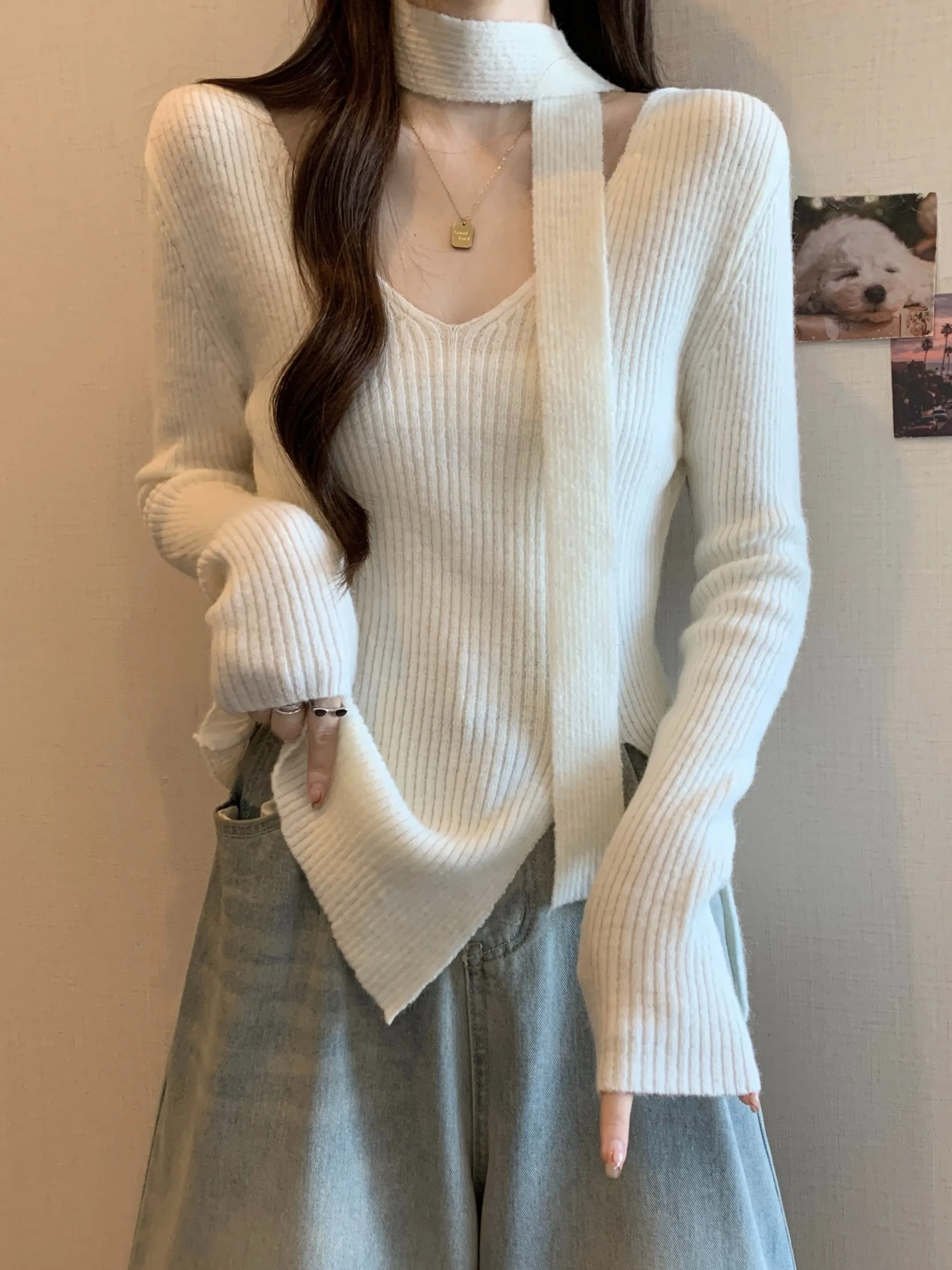 V-neck Ribbon Hanging Neck Knit Women Autumn and Winter Plus size Chubby Girl Slim fit Slimming Split Sweater Inner wear Base...