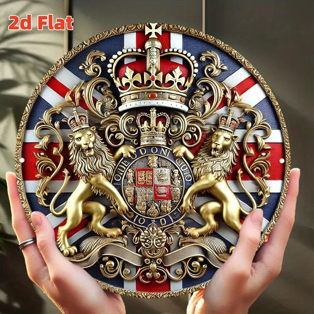 Hochauflösende Holzplakette, UK Königliches Wappen Rundes Holzschild, 3D-Effekt Britisches Kronen- & Löwen-Emblem Druck Wandkunst, Vintage
