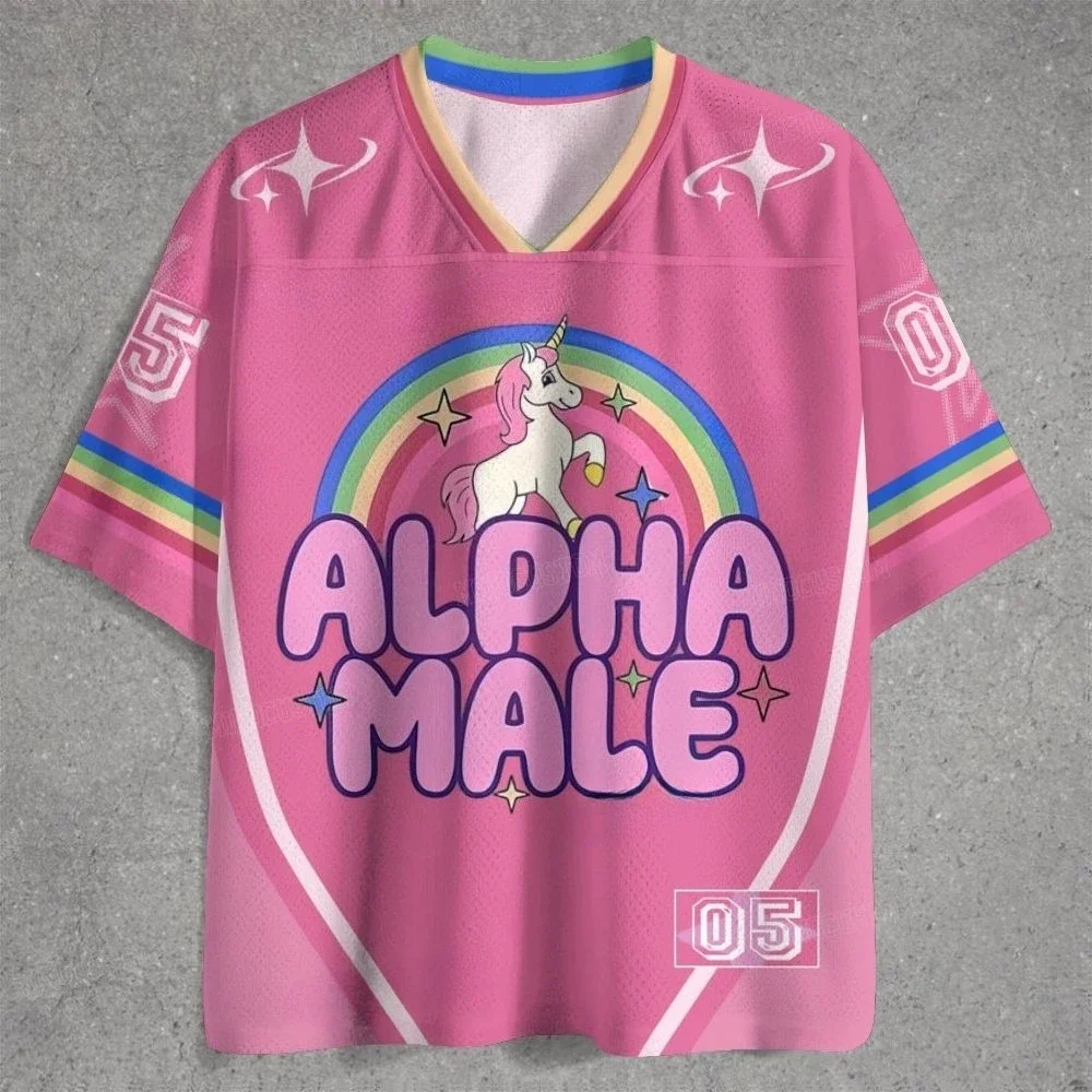 Lustiges Alpha-Männchen-Einhorn-T-Shirt für Männer, Y2K Regenbogen-Cartoon 3D-All-Over-Print V-Ausschnitt Kurzarm-Oberteil, Neuartiges T-Shirt für Straßenpartys – Detail 3