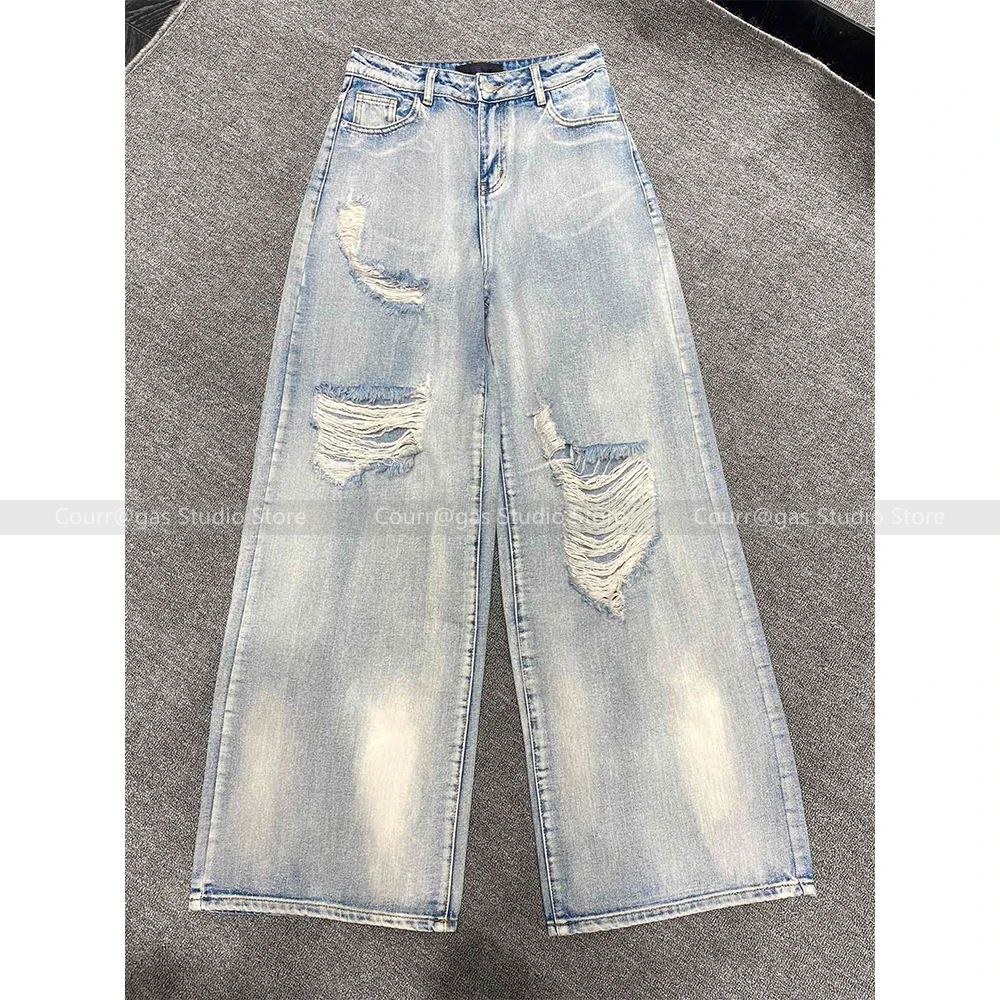 

Retro washed hole tassel jeans female 2024 summer new thin versatile loose straight pants