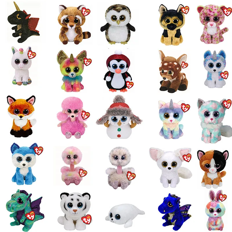 25CM Ty Big Eyes Beanie Plush Stuffed Animal Toy Dinosaur Unicorn Dog Cat Seal Fox Owl Ostrich Rabbit Deer Children Kids Gifts