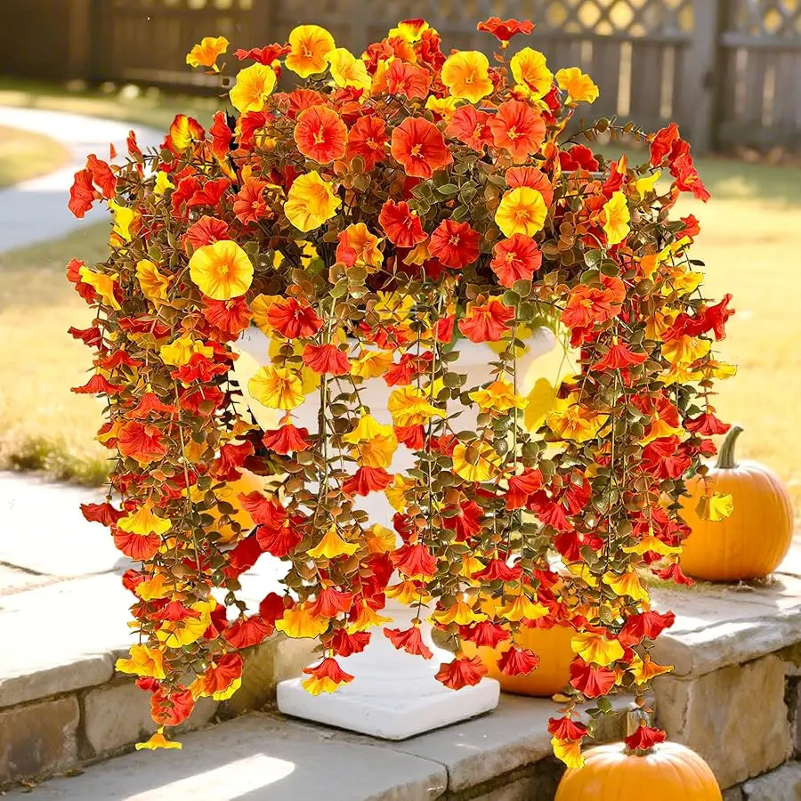 

Fake Mums Artificial Fall Flowers for Outdoors, 2 PCS Fake Hanging Silk Flowers Outdoor Fake Plants UV Resistant, Realistic Faux