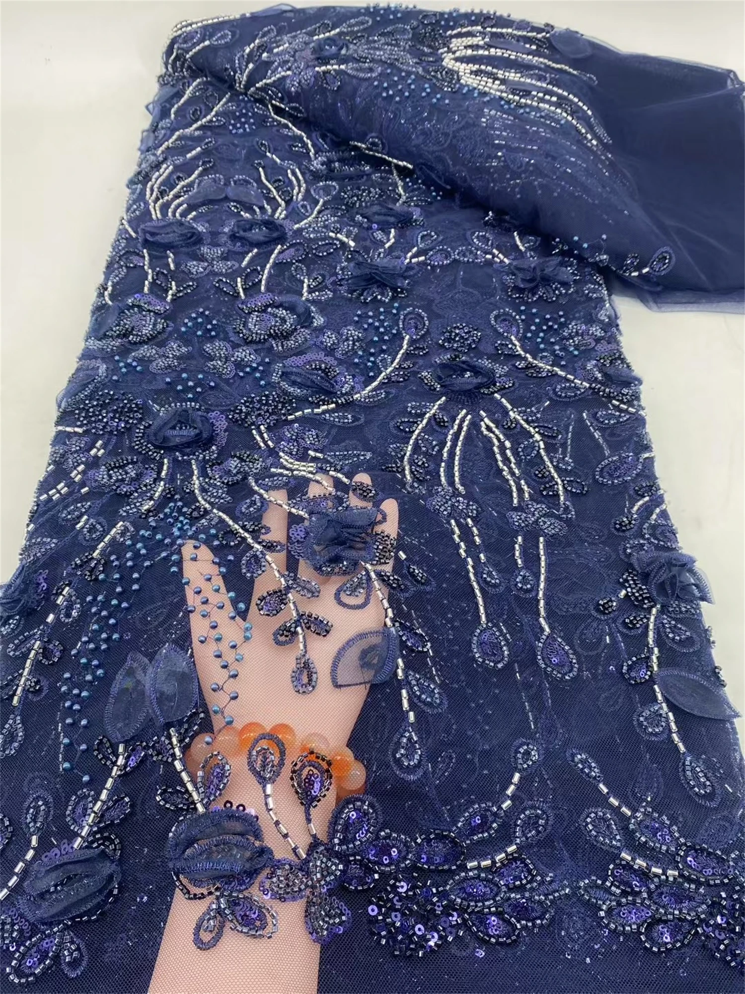 

New Multicolor 3D Tulle Mesh Fabric with Appliques, Sequins Beads, Modern Occasional Nigerian Wear, Rich French Lace, Exclusive