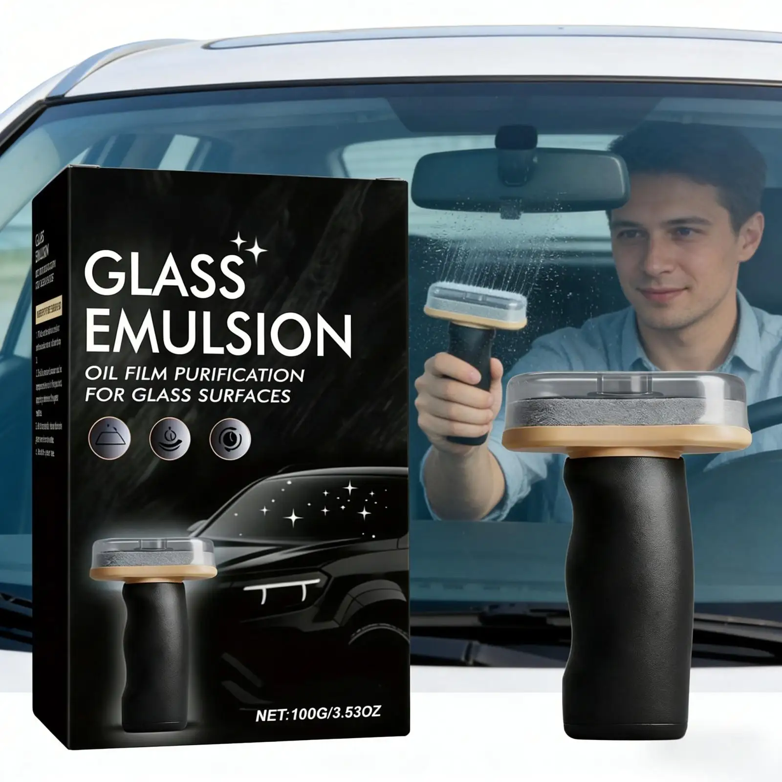Glass Emulsion Handheld Auto Glass Oil Film Remover Car Windshield Cleaner Brush for Front/Side/Rear Windows Rearview Mirror