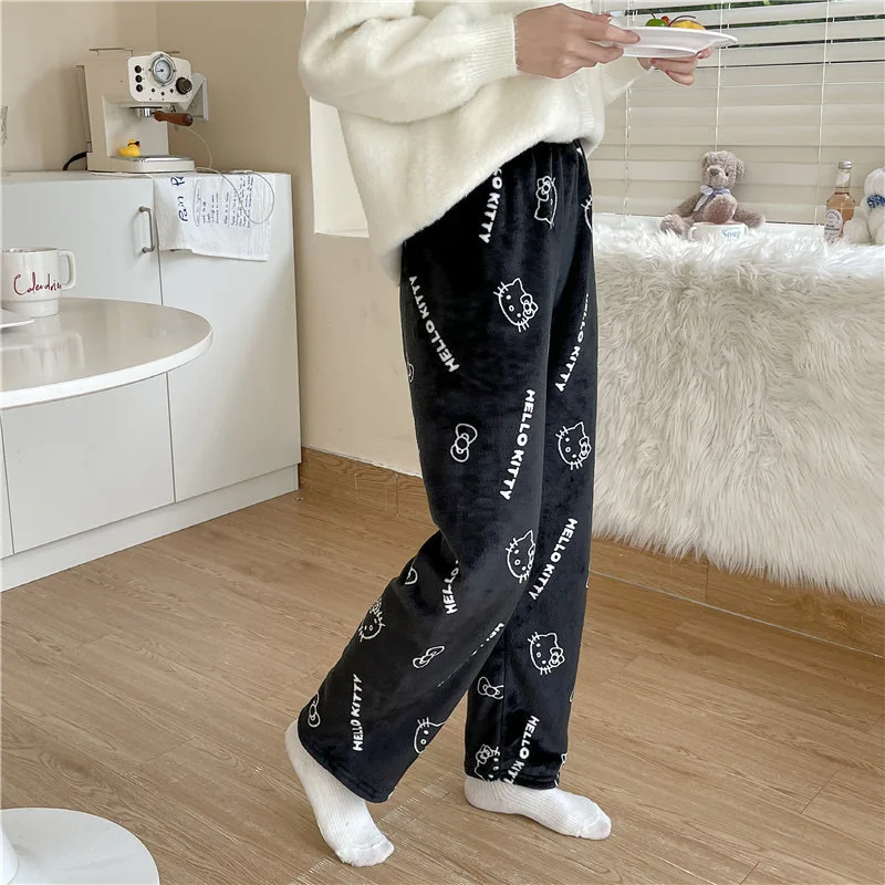 Sanrio Hello Kitty Pajamas Pants Black Pink Anime Flannel Women Warm Woolen White Cartoon Casual Home Autumn Winter Fashion Pant