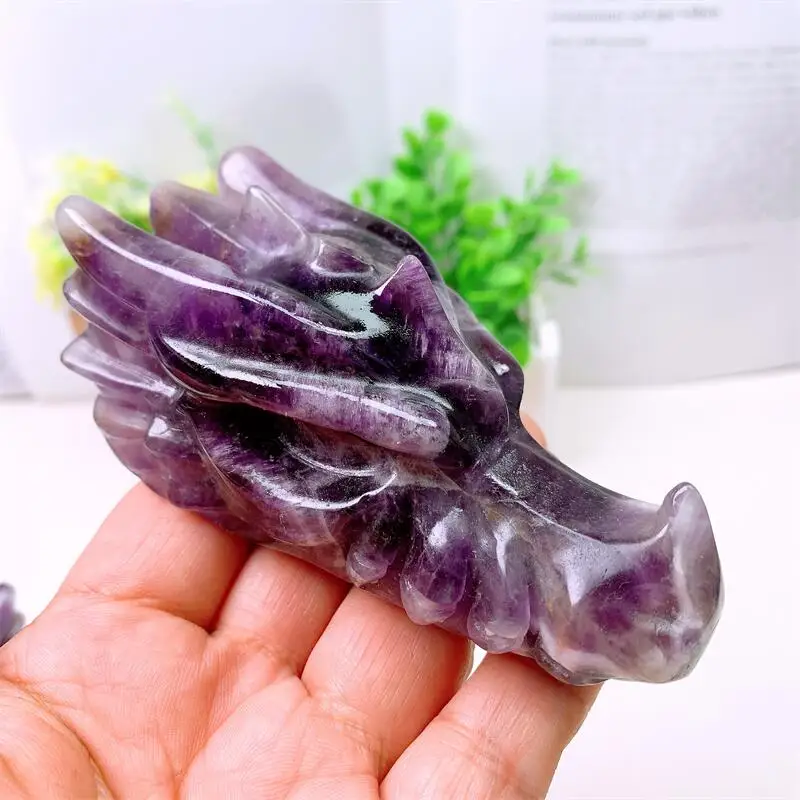 Natural Drean Amethyst Dragon Skull Healing Reiki Quartz Figurine Carved Energy Gemstone Crafts Fashion Home Decoration