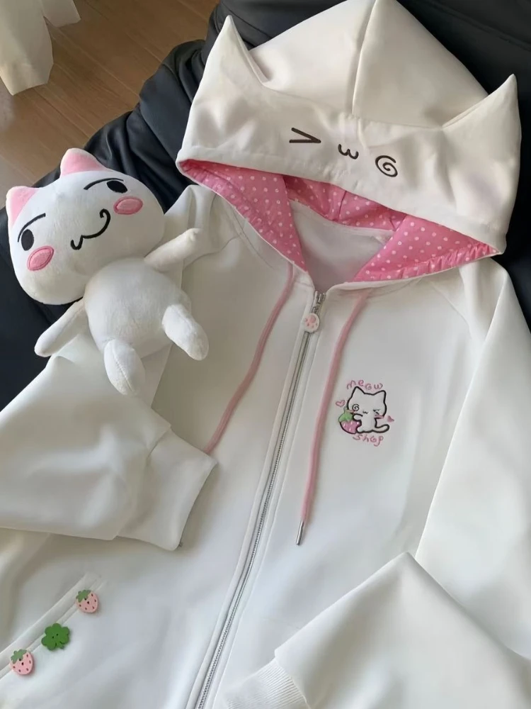 Maglione con cappuccio patchwork con ricamo gatto femminile autunno nuovo cardigan giapponese Kawaii cappotto allentato cerniera da donna vestiti dolci adorabili