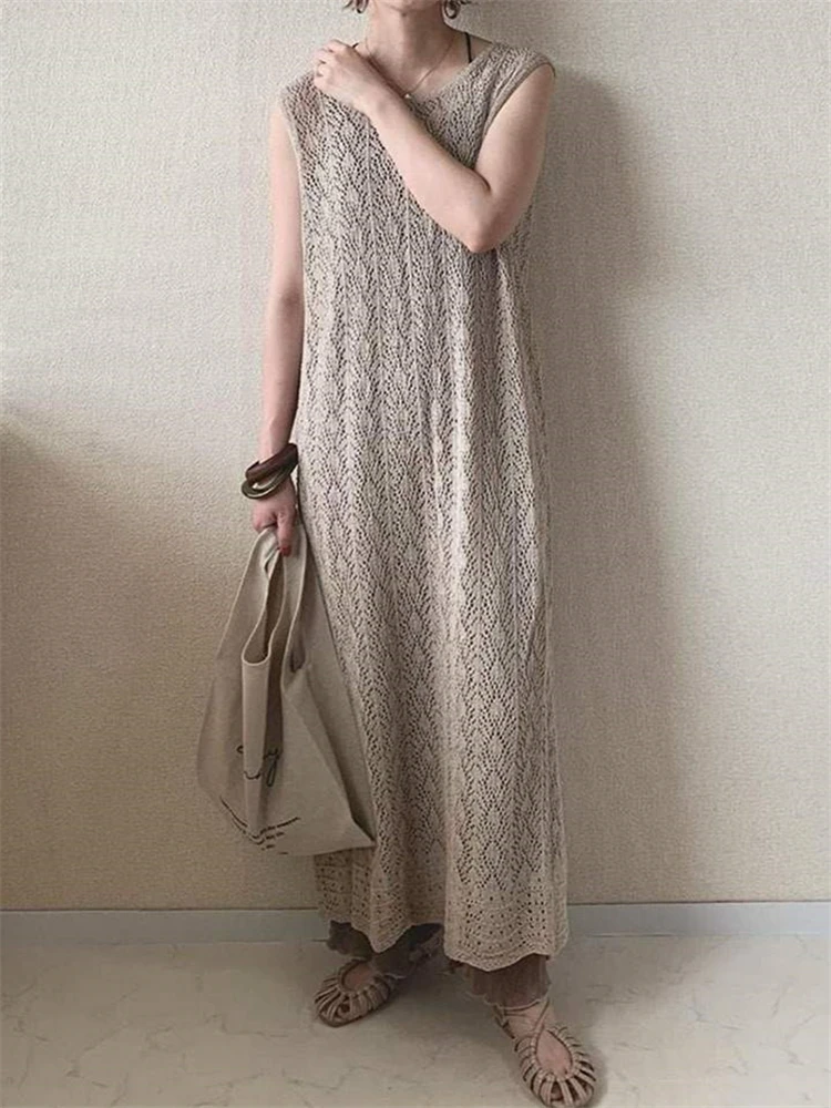 REALEFT Summer Bohemian Lace Crochet Long Dresses 2023 New Sleeveless Backless O-Neck Hollow Out Beach Tank Dress Female