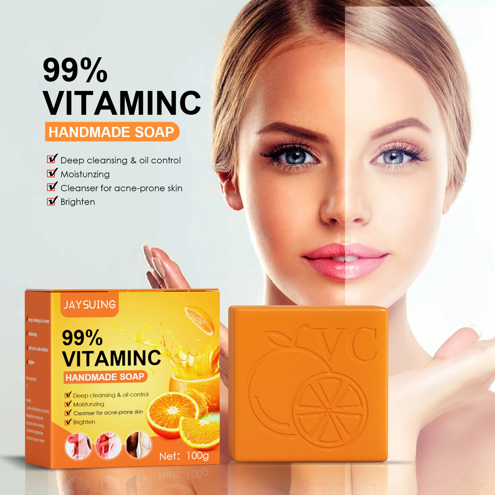 

VC Vitamin Gentle Brightening Soap, Daily Deep Cleansing Moisturizing Smooth Body Skin Faded Dark Tone Even Glowing Care Soap