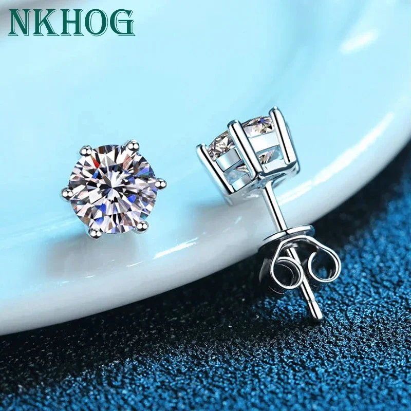 925 Sterling Silver D Color VVS1 Moissanite Diamond Stud Earrings For Women Party Fine Jewelry Gift Classic 6 Claws NKHOG