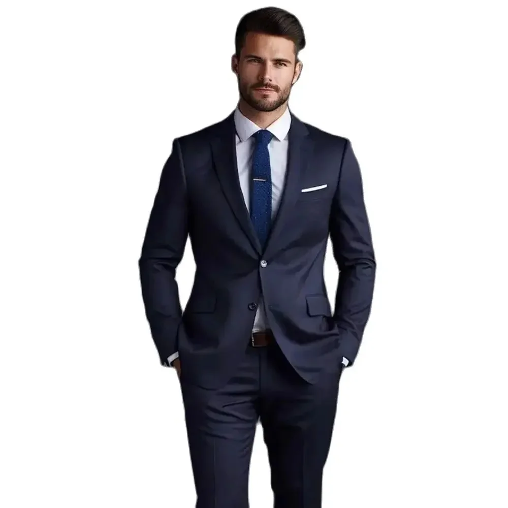 2 pezzi blu navy abiti da sposa in raso smoking dello sposo risvolto con visiera abito maschile da festa d'affari bello su misura (giacca + pantaloni)