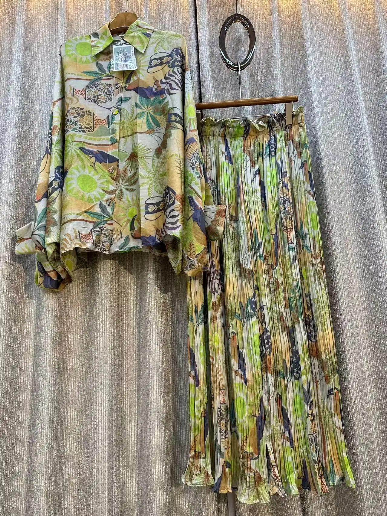 Herbst Grau Floral Zwei Stück Set Frauen Muslime Kleidung Pocelain Jacke Shirts Elastische Taille Breite Bein Lange Hosen 2 stücke Outfits