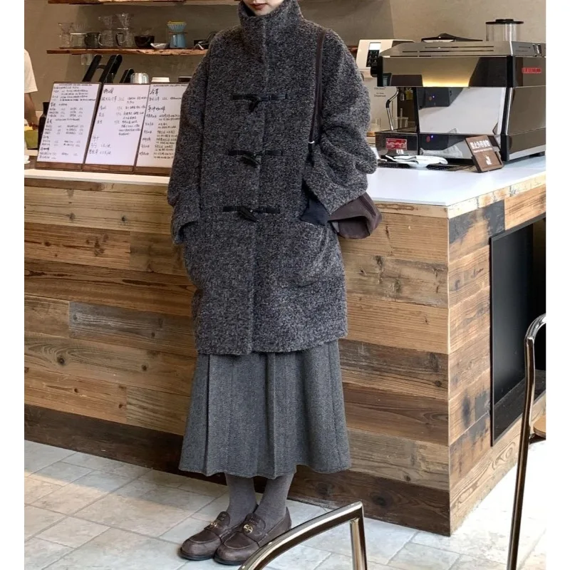 

Coat, Korean Horn Buckle Stand-up Jacket for Women's Winter Niche Retro High-end Temperament Woolen Coat