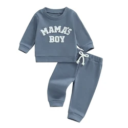 Fall Baby Boy Clothes Mamas Boy Little Dude Letter Embroidered Long Sleeve Sweatshirt Pants Waffle Knit Outfit