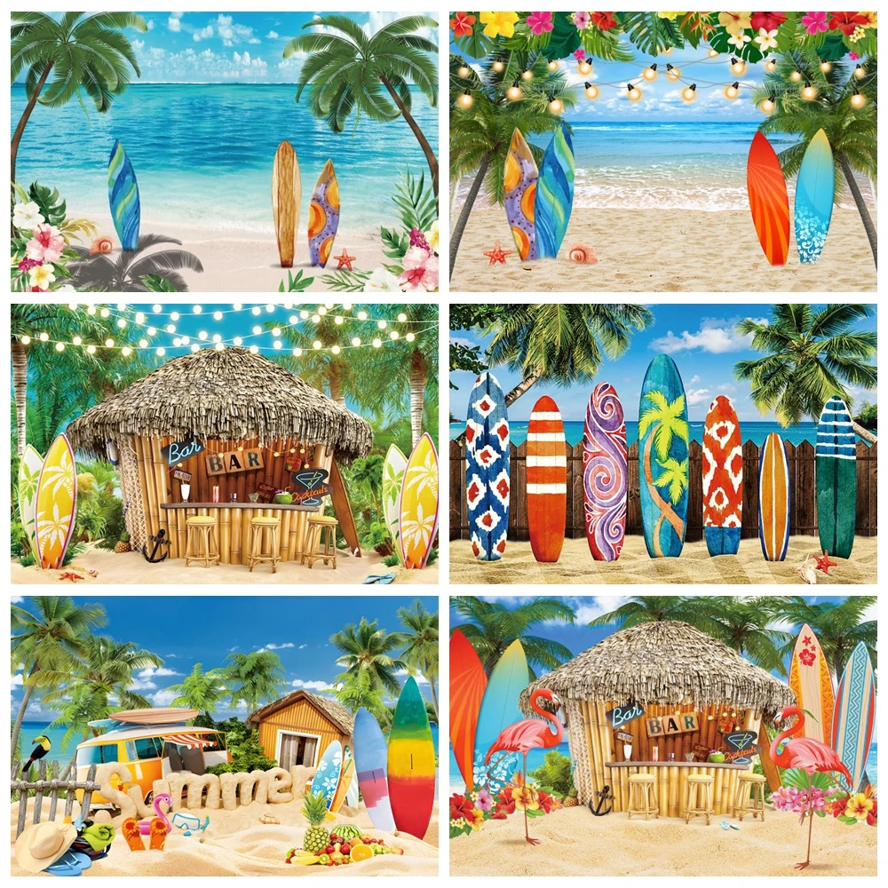 

Summer Tropical Beach Backdrop Hawaiian Luau Aloha Party Seaside Camping Surfboard Ocean Palm Flamingo Photography Background