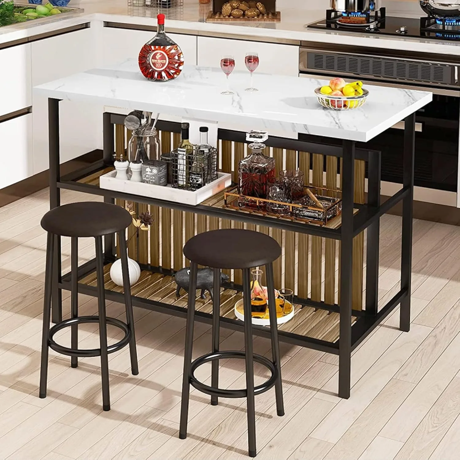 Kitchen Island with Seating & Storage Shelf, Faux Marble Island Table, Modern Bar Table and Chairs Set for 2,Dining Table Set