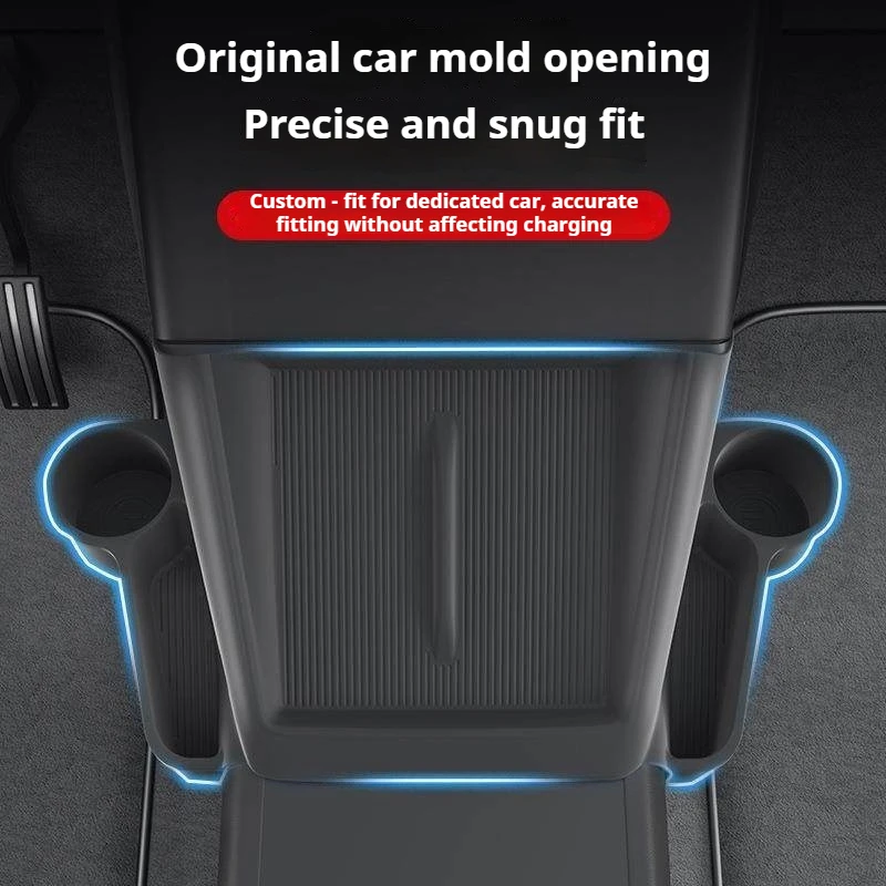 For Tesla Model 3 Y Central Wireless Charging Silicone Storage Tray With Side Cup Holders Anti-slip Mat Car Interior Accessories
