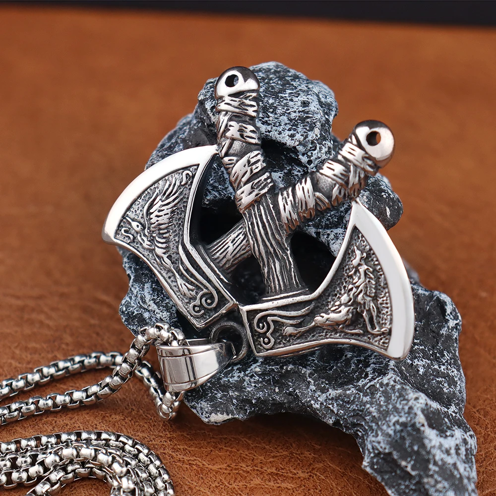 Classic Viking Double Axe Pendant Chain Mens Vintage Stainless Steel Nordic Wolf and Eagle Necklace Amulet Scandinavian Jewelry