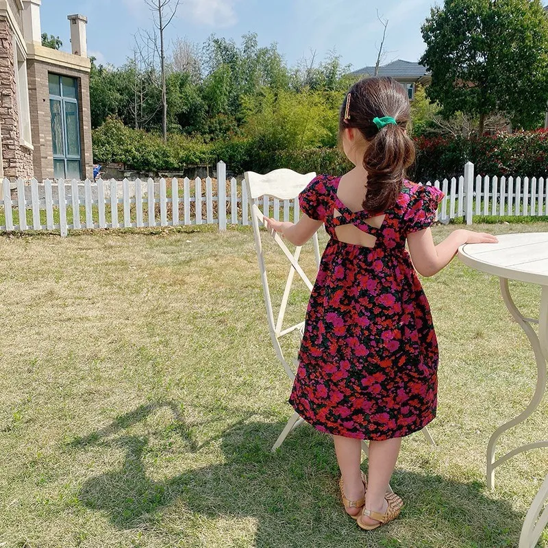 Summer Casual Baby and Girls Cotton All-Over Floral Backless A-Line Retro Long Dress School Kids Sweet Outfit Child Skirt 2-8Yrs