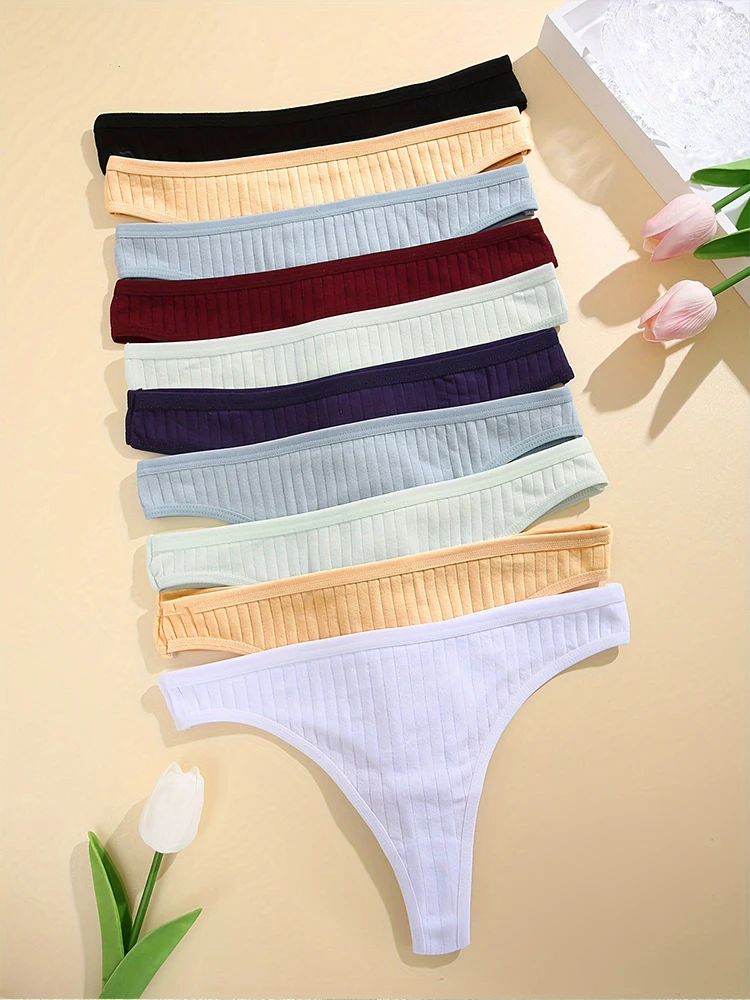 10PCS/Set Women Cotton Panties G-String Panties Sexy Underwear Female Lingerie Thong Briefs for Woman Solid Color Intimate Panty