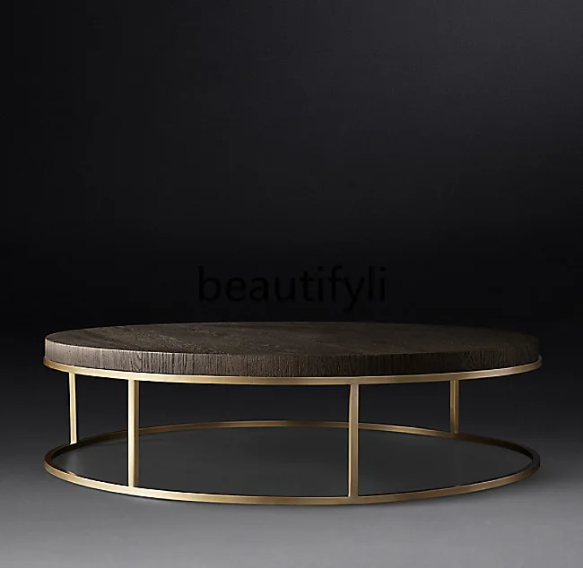 

Retro Metal and Solid Wood Round Coffee Table, Quiet Living Room Home Sofa Table, Italian Light Luxury Oak Round Tea Table