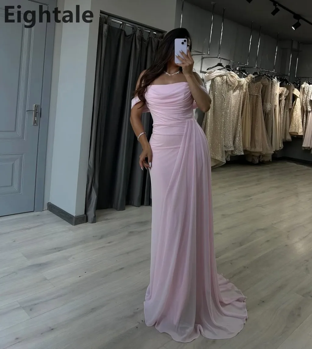Robe de soirée sirène rose personnalisée, en mousseline de soie, épaules dénudées, plissée, robe de bal arabe ajustée, 2025