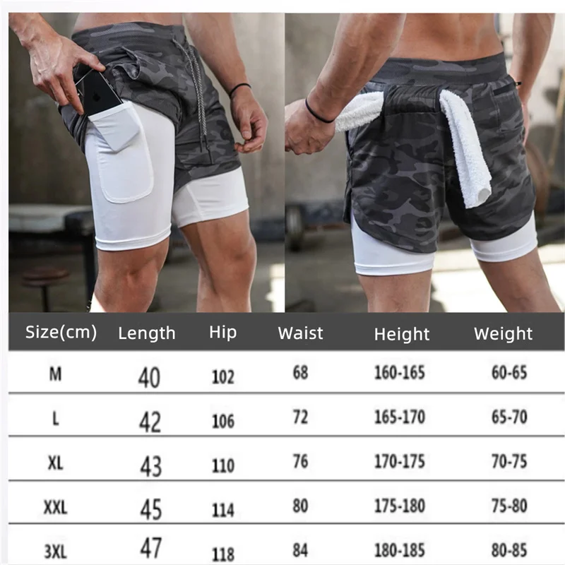 2023 카모 러닝 반바지 남성용, 더블 데크 러닝 반바지, 빠른 건조, 압축 반바지, 운동용 해변 하의, 2 in 1