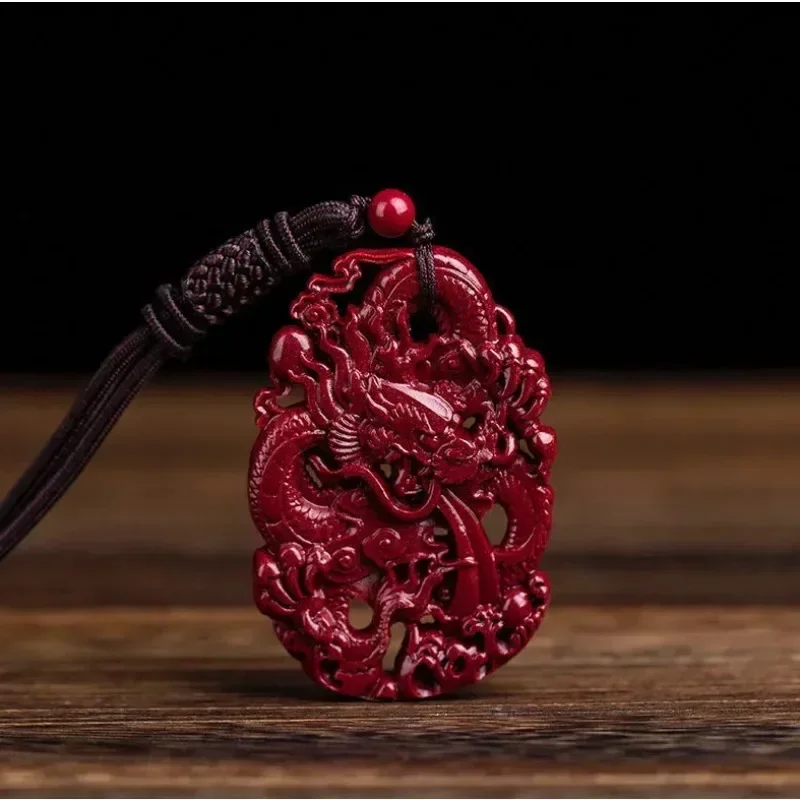 Fashion Cinnabar Jade Double sided carving Dragon Pendant Necklace Jewellery Chinese Healing Women Man Luck Gift Sweater Chain