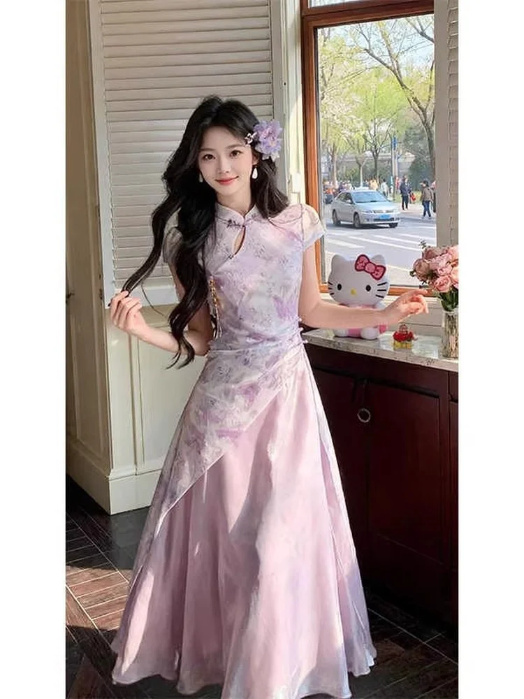 New Chinese Style Dark Pattern Printed Qipao Women's Long Skirt Breathable Polyester Fiber Short Sleeve Daily Wear Vintage Wind