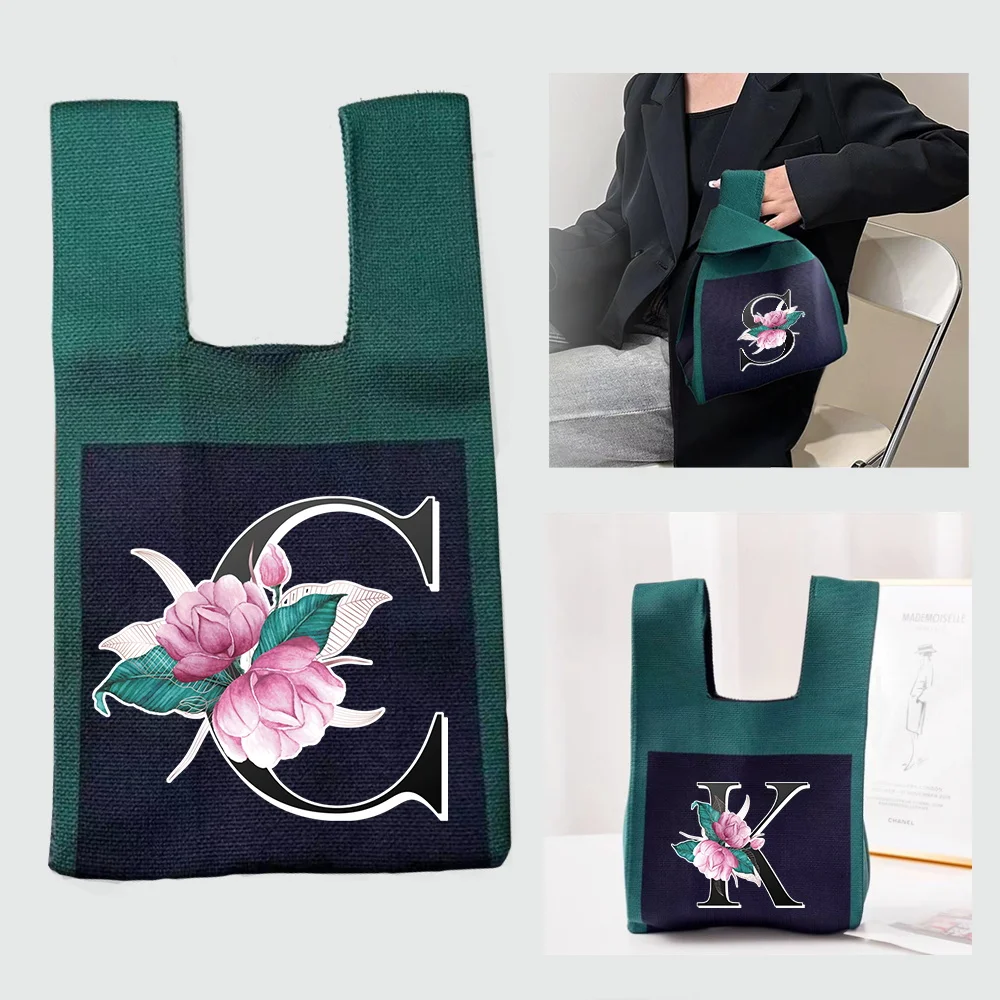 Handbag Pink Flower Top-handle BagsCrochet Bag Shopping Storage Practical and malist Tote Portable Knitted Yarn Storage Bag