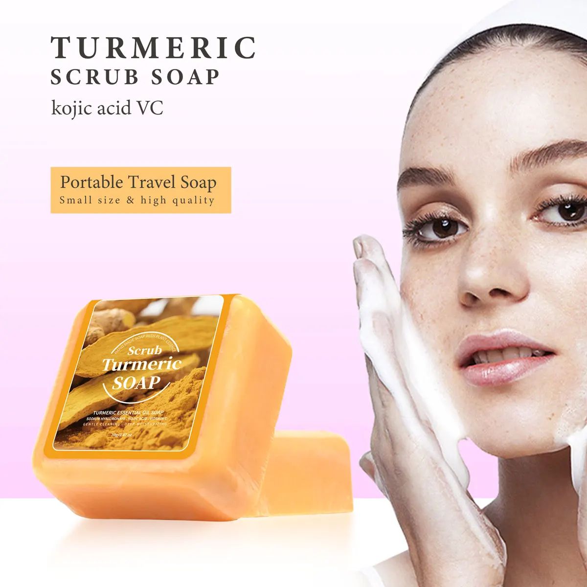 

Очищающее мыло с эфирным маслом куркумы, содержащее цитрическую кислоту Vc может глубоко очистить и осветляет кожу. Одноразовое мыло.