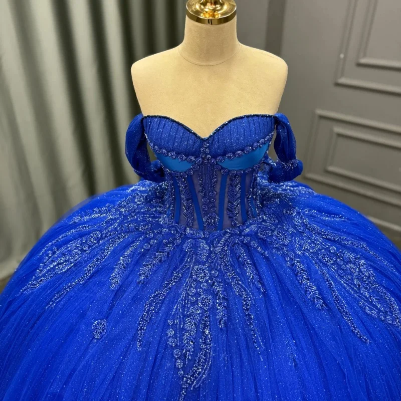 

Shiny royal blue Quinceanera Dress off-shoulder glitter Decal Lace Long tail Vestidos De 15 Quinceanera ﻿Customize