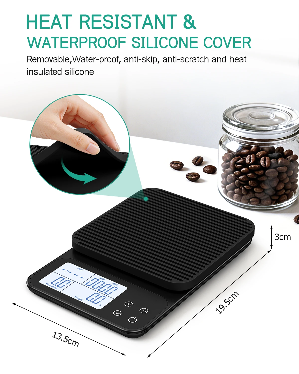 Digital Coffee Scale 2kg 0.1g Waterproof Kitchen Scale With Timer Tare Function Heat Insulation Pad for Espresso Baking Cooking