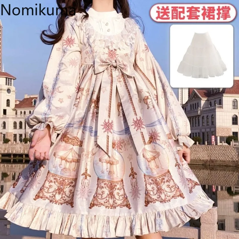 Dress for Women Sweet Lolita Style Long Sleeve Print Loose Roba Femme Bow Ruffles Lace Big Swing Dresses 2024 Vestidos De Mujer