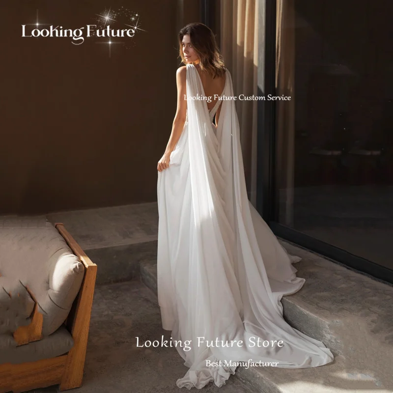 Boho Sleeveless A-Line Ivory Lace Sexy Backless Deep V-Neck Chiffon Spaghetti Straps Long Dress Side Slit Formal 2026 Customized