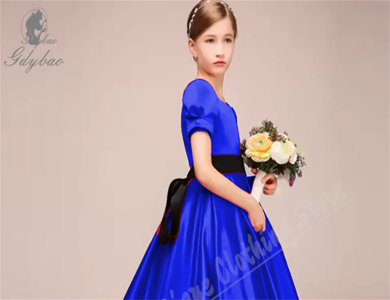 

Royal Blue Quality Satin Black Belt Customized Wedding Prom Dress For Kids Girl Birthday Party Gowns Vintage Flower Girl Dresses